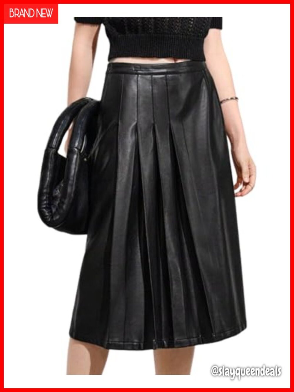 Faux Leather High Waist Pleated Midi Flare Skirt A-Line